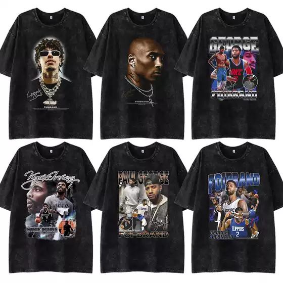 Paul George American Style Retro Washed Print Short Sleeve Loose Casual Spring/Summer High Street Star T-Shirt