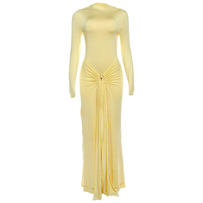 Elegant Long Sleeve Solid Color Maxi Dress with Decorative Ring and Tie Detail for Women Autumn Collection Wholesale Available