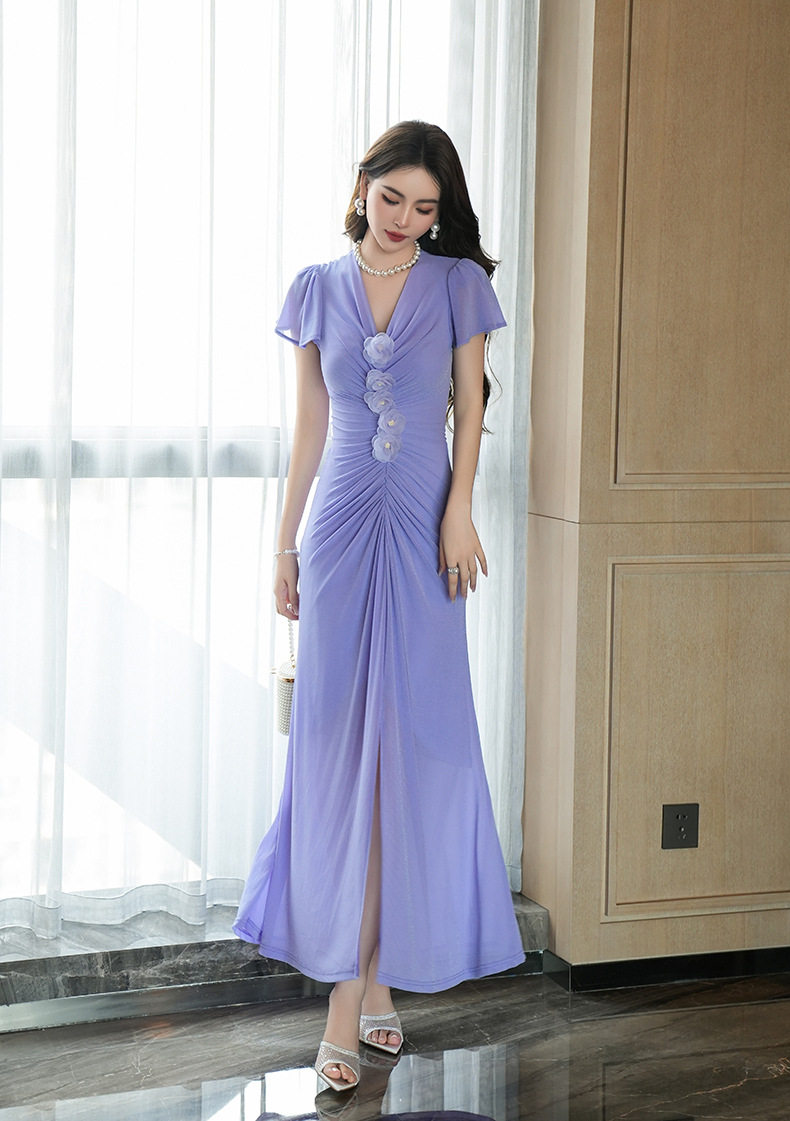 Đầm ôm body nữ phong cách Pháp cổ V tay ngắn eo cao — [Tử Đinh Hương] chi tiết 6