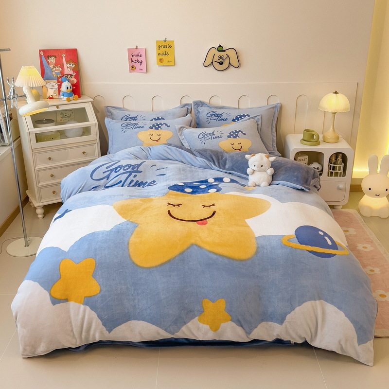 Class a Milk Velvet Large Version Cartoon Four-Piece Winter Thickeneded Coral Velvet Quilt Cover Bed Sheets Student Warm Three-Piece Set