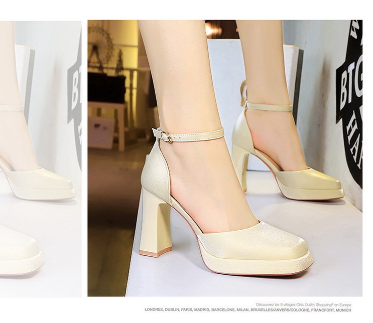 Sandal cao gót nữ quai ngang mũi vuông đế xuồng mặt satin — Màu đen, Màu đỏ rượu, Màu sâm panh, Màu trắng