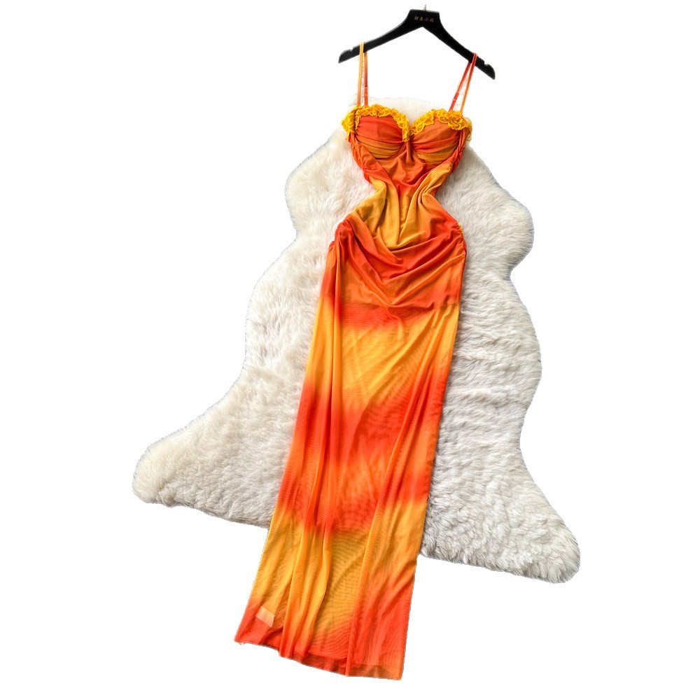 V Neck Chiffon Maxi Dress Orange Gradient Sleeveless Slim Fit Elegant Style Perfect for Summer Vacations