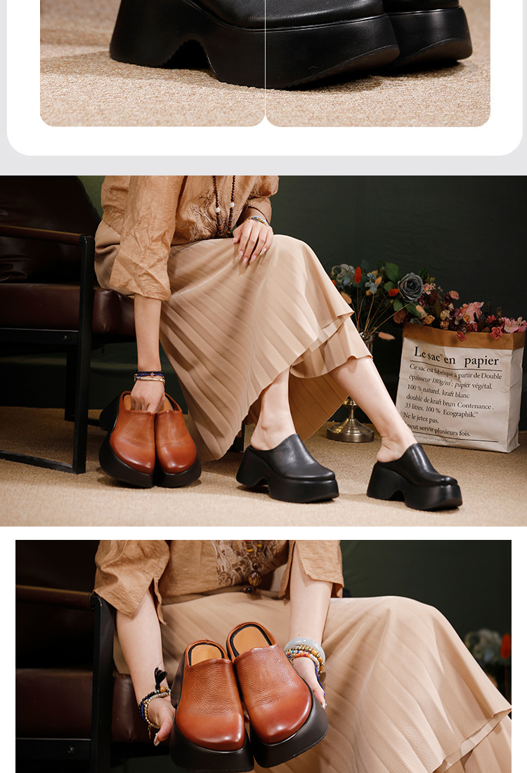 Dép sandal nữ mũi vuông bọc đầu đế dày tăng chiều cao, da bò thật êm chân đi ngoài trời — màu đen, Màu nâu