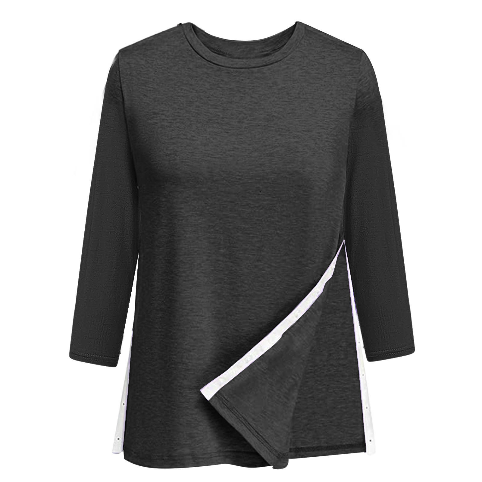 欧美亚马逊女式T恤侧缝长袖调节扣圆领休闲宽松上衣