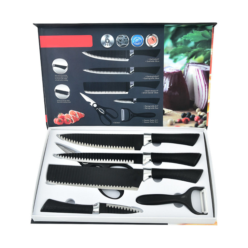 Cross-border Hot Sale 238A Six-piece Knives suit Black Wave Pattern Tie Pattern Not Stick Knives Meat Cutting Kitchen Knives suit