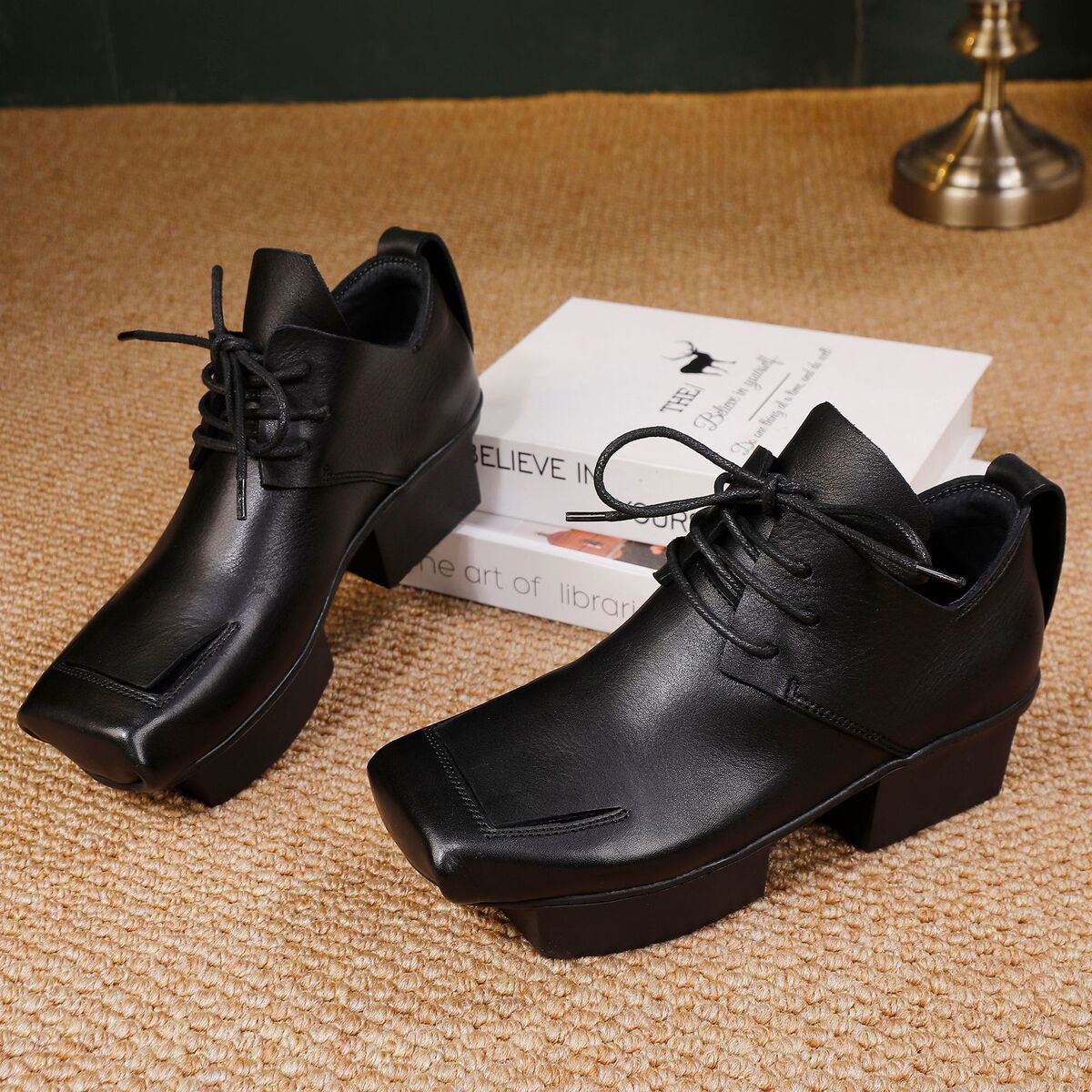 Boot cổ thấp nữ da bò thật buộc dây gót vừa đế xuồng — đen, màu nâu