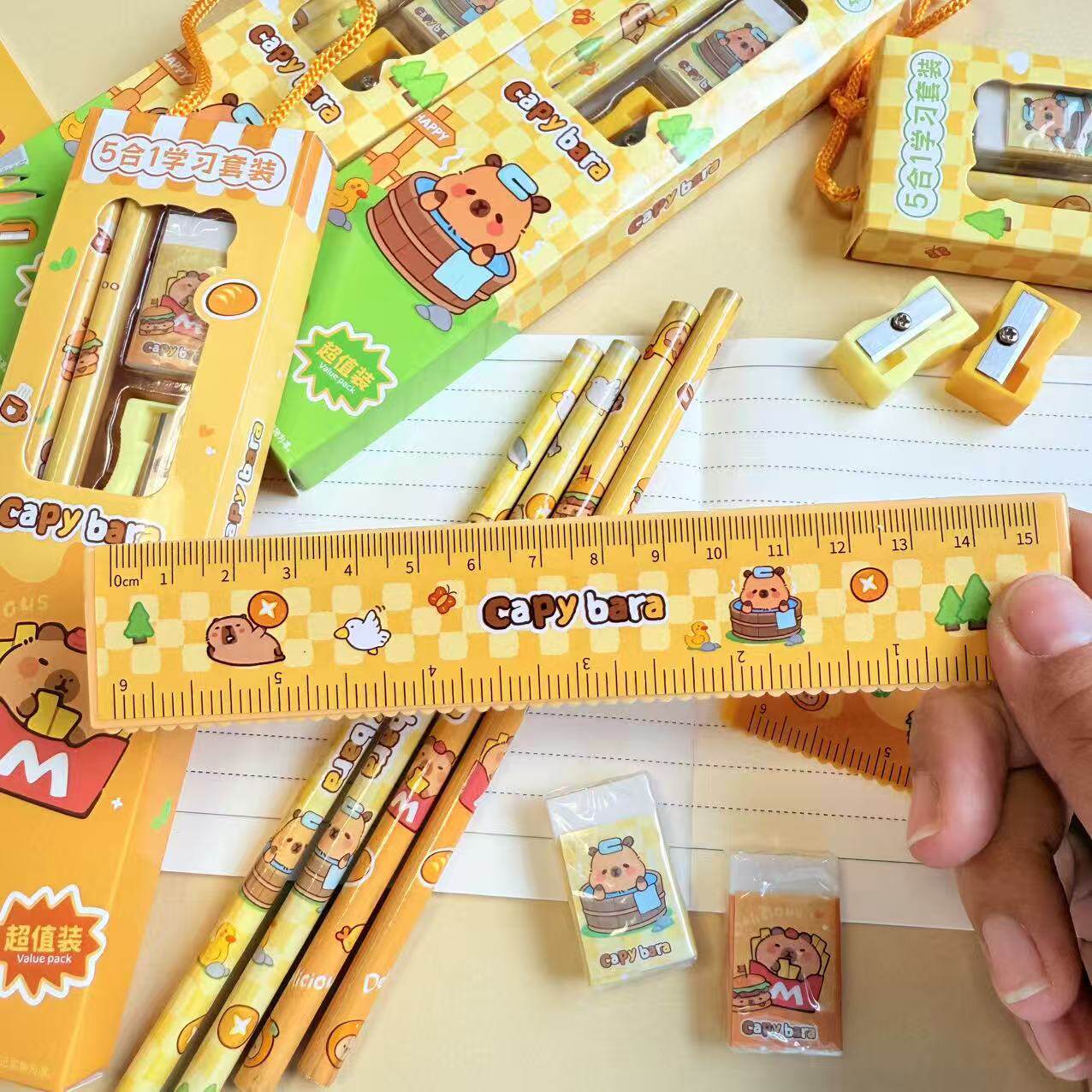 Kapibala Pencil Stationery Set Children's Five-Piece Prize Ruler Eraser Set Gift Box Gift Wholesale