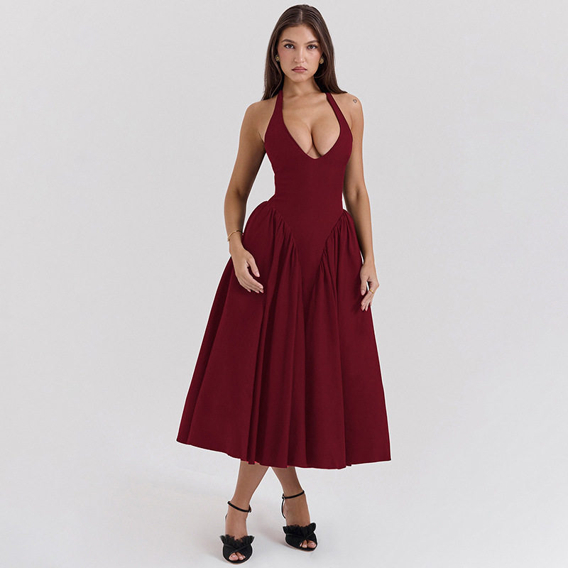 Deep V Neck Halter Backless Dress Slim Fit Elegant Style High Quality Fabric Perfect for Evening Events OEM