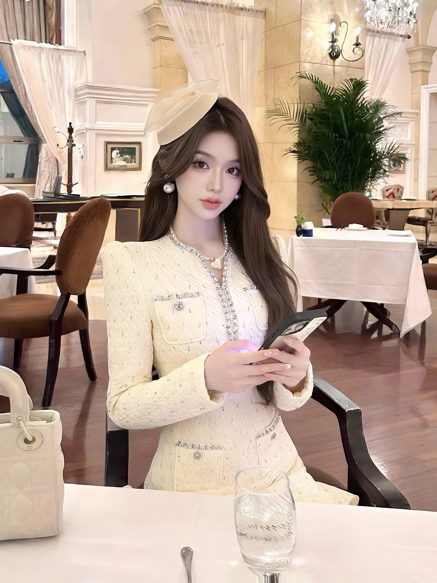Đầm đuôi cá ôm dáng cổ chữ V đính đá công phu — Màu be