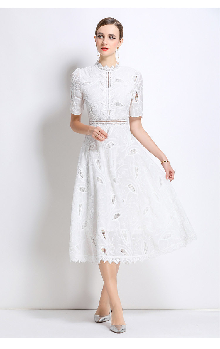 Elegant Short Sleeve Lace Dress for Women French Style Hollow Out Waist Defined High End Fashion Perfect for Formal
