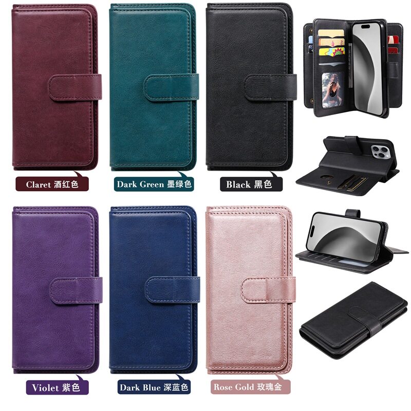 Suitable for iPhone 17 Multifunctional 10-Card Wallet-Style Phone Case, Apple 16 Card-Insertable S25 Google Protective Case