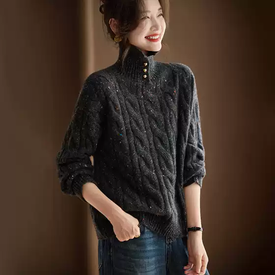 Confetti Cable Knit 100% Cashmere Sweater Women's Pullover Warm Thick Cashmere Knit Top Turtleneck Women's Clothing Winter