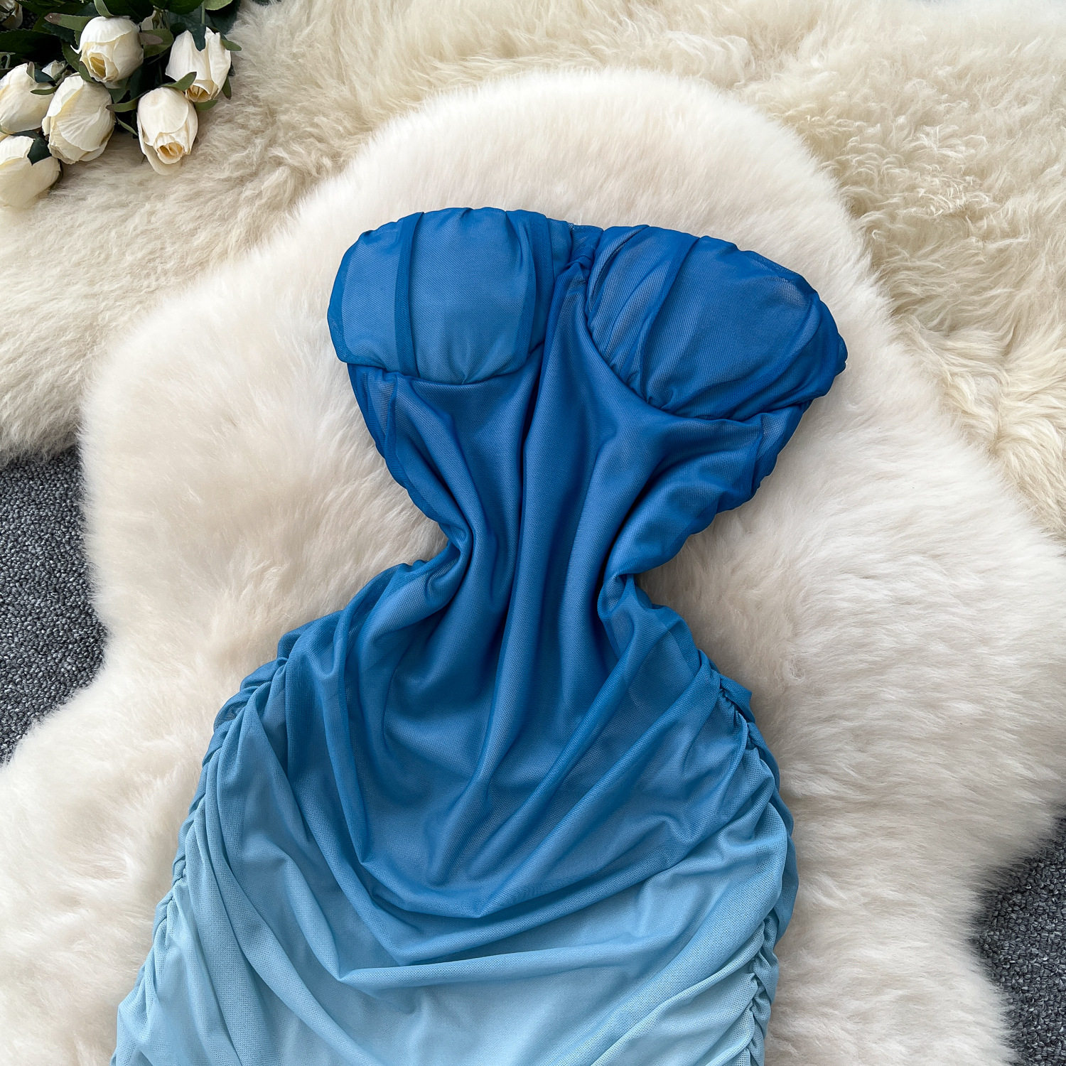 Strapless Mermaid Dress for Women Summer Elegant Gradient Color Ruffled Waist Mesh Fabric