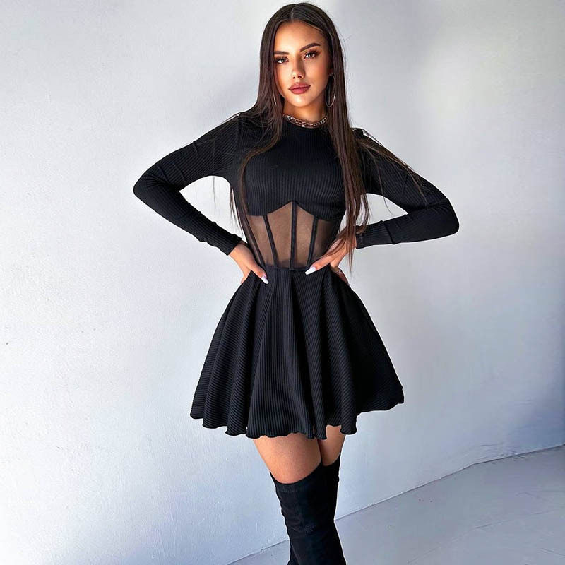 Fashionable Womens Dress Half High Neck Long Sleeve Sheer Mesh Panel Fishtail Design Waist Cinching Evening Wear