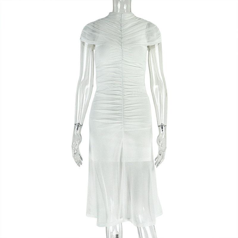 Elegant Womens Dress Solid Color Pleated Waist Defining Short Sleeve Mesh Panel Casual or Evening Wear