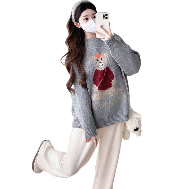 Pregnant Women's Autumn and Winter Sweater suit 2024 New Bear Thickened Loose All-match Knitted Shirt Casual Two-piece Set