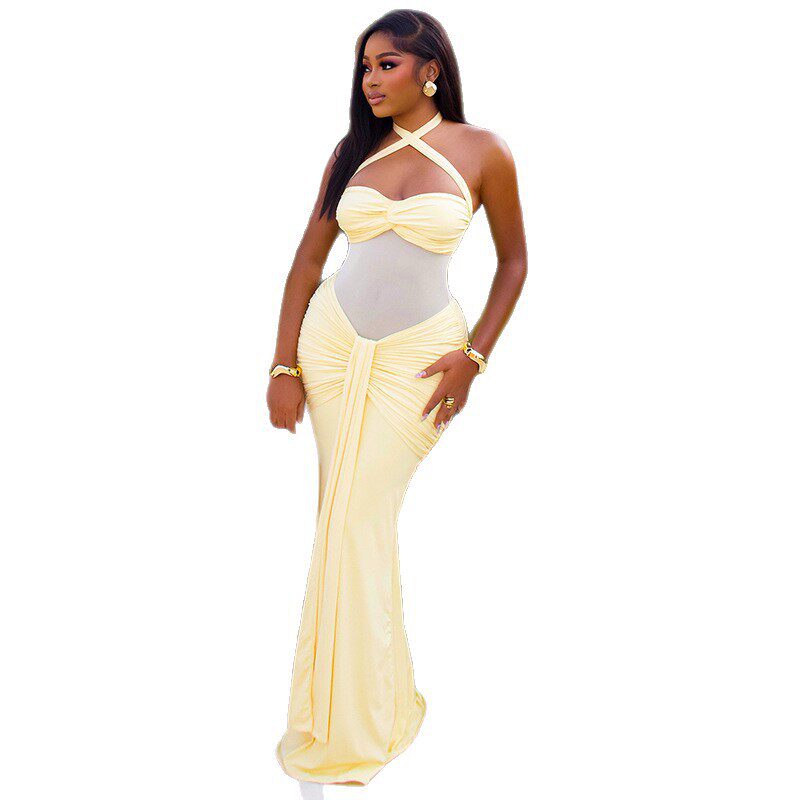 European Style Womens Bodycon Dress Solid Color Cross Neck Spliced Design Slim Fit Perfect for Office Wear