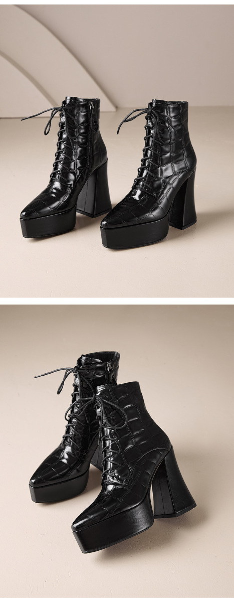 Boot Martin nữ da bò vân đá buộc dây gót cao 12cm mũi nhọn — Lớp lót đơn màu đen, Lớp lót đơn màu nâu, Lớp lót nhung đen, Nhung nâu