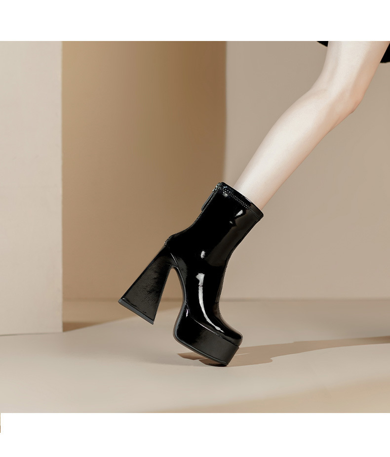 Boot nữ cổ ngắn gót siêu cao 13cm mũi vuông khóa kéo sau — Lớp lót đơn màu đen, Lót đơn màu trắng kem, Lót nhung đen, Lót nhung màu be