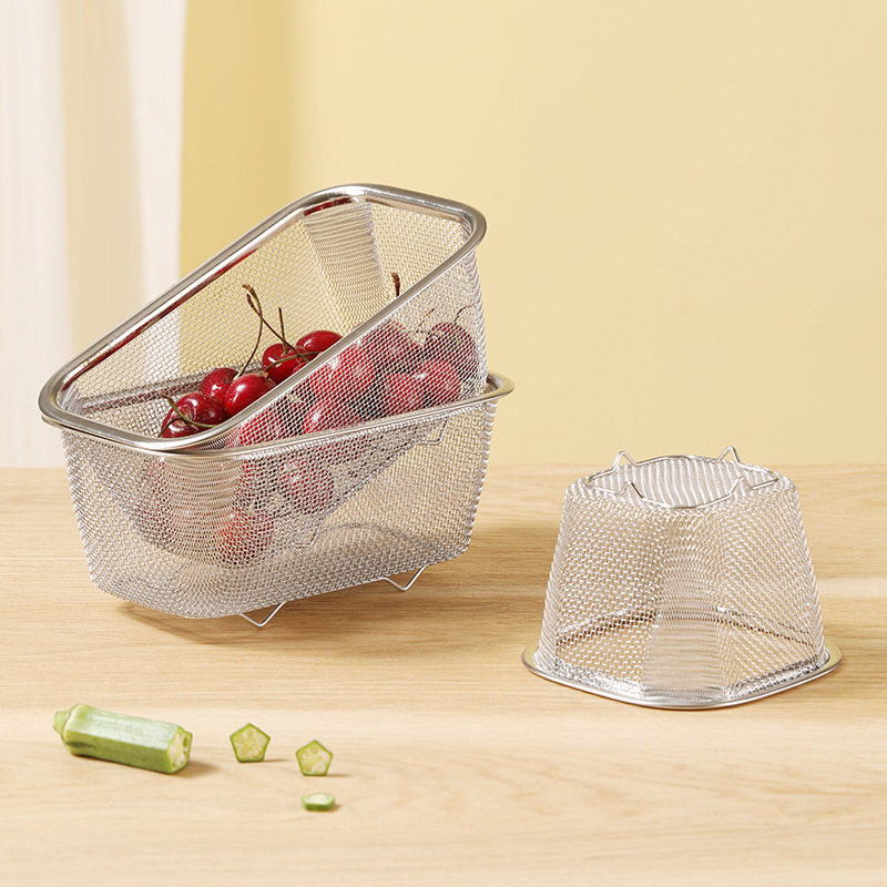 Stainless Steel Draining Basket Kitchen Fruit and Vegetable Mesh Basket Rectangular Vegetable Washing Basket Fruit Basket Drying Leakage Basin Sieve Basket