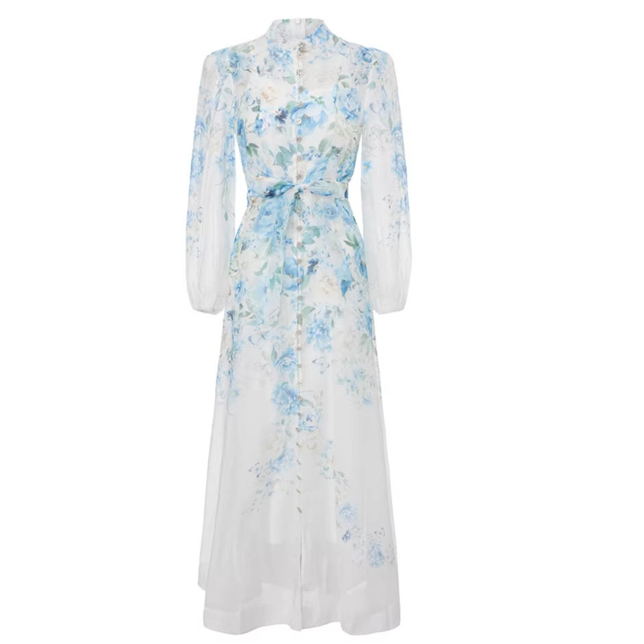 French Floral Hollow Out Bell Sleeve Dress Summer Long Sleeve Waist Tie Elegant Design Perfect for Parties and