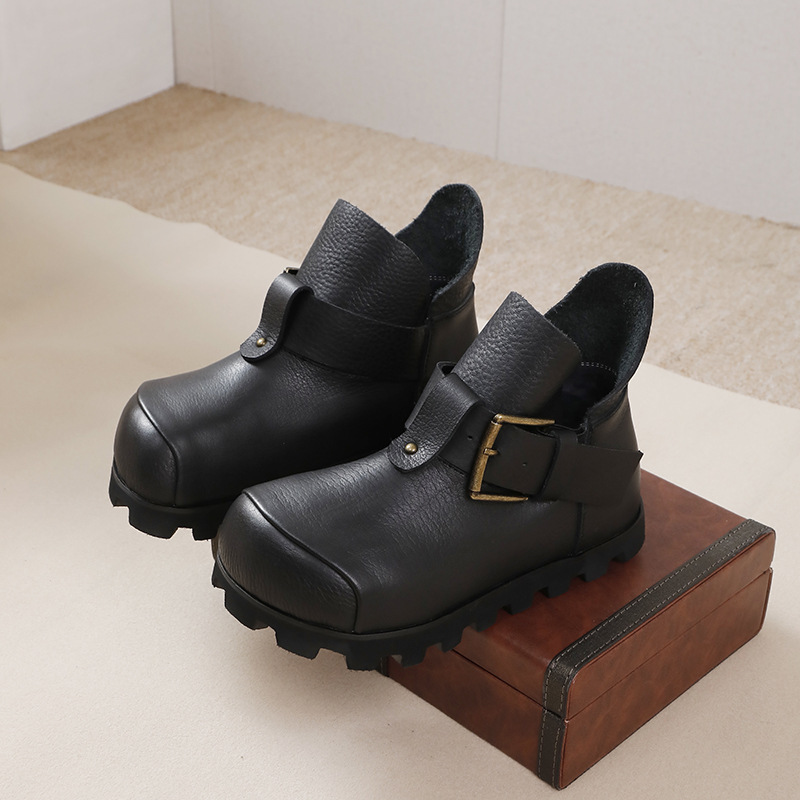 Boot nữ cổ thấp da bò thật đế bằng phong cách cổ điển — Màu đen, Màu nâu đậm