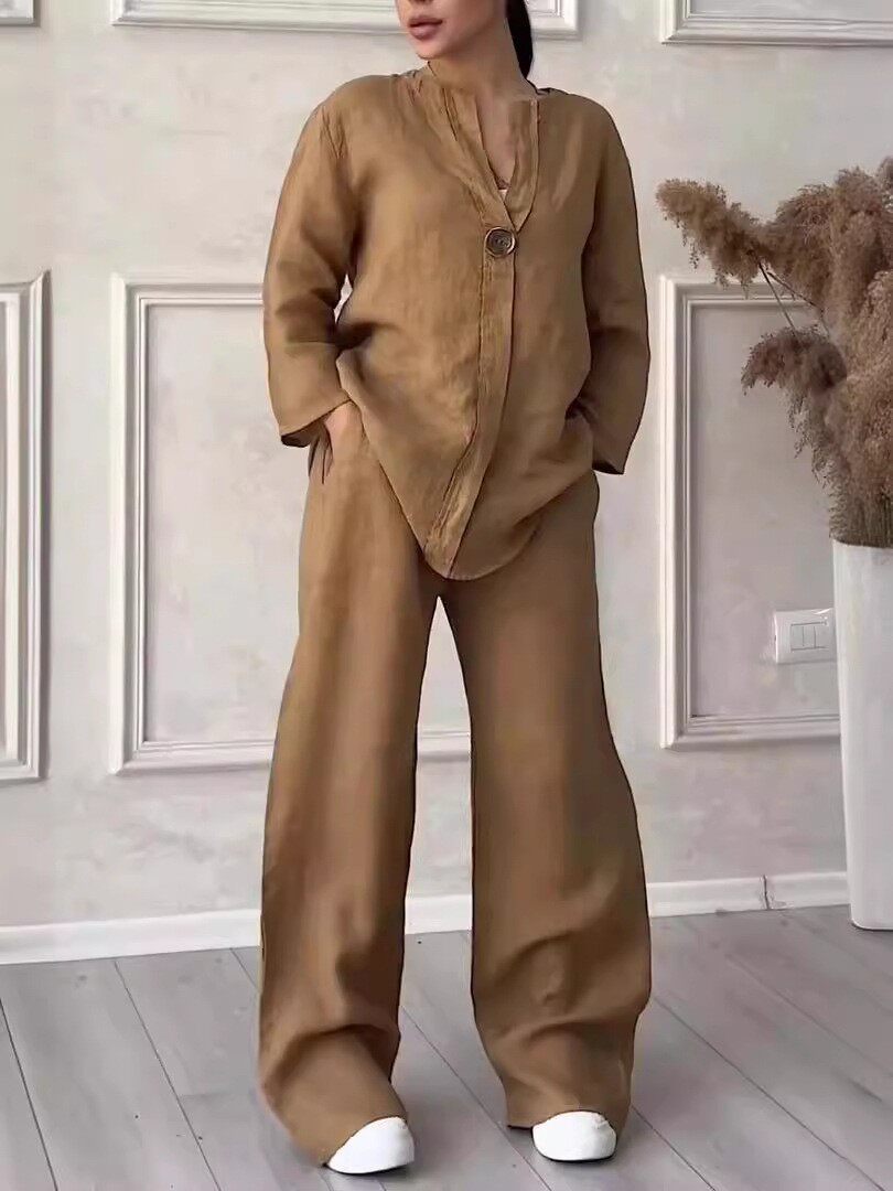 2026跨境外贸亚马逊时尚欧美女装舒适宽松上衣阔腿裤休闲棉麻套装