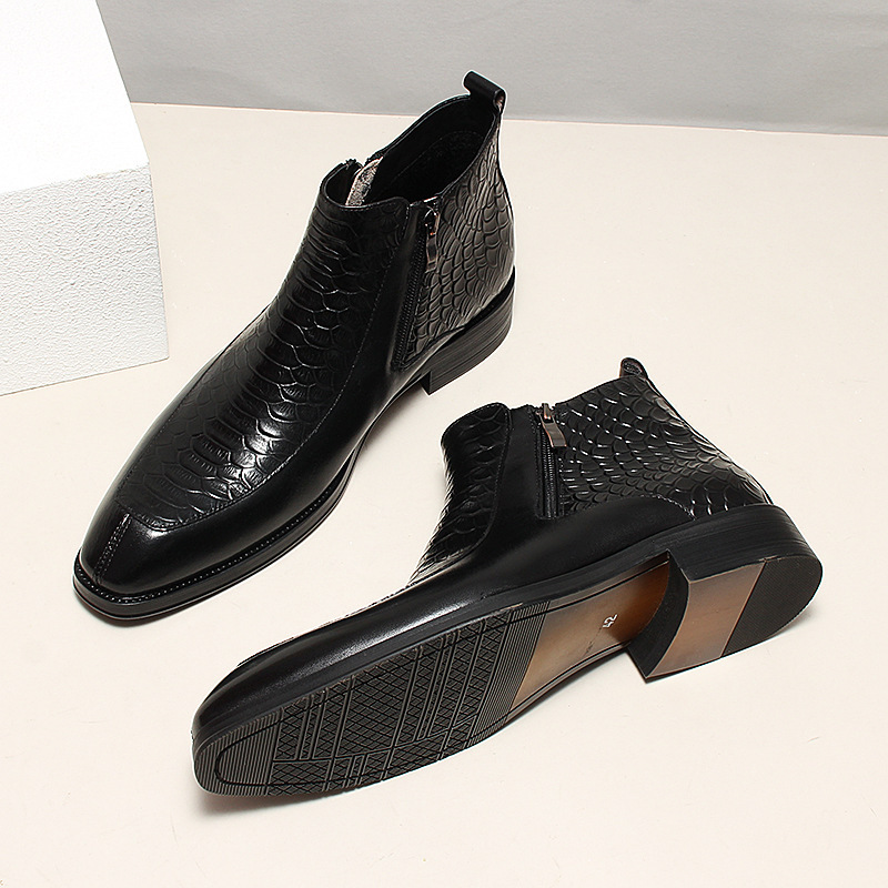 Boot cổ trung da bò dập vân cá sấu khóa kéo đôi phong cách cổ điển — Lớp lót nhung đen, Màu đen lót da, Đỏ rượu bên trong da