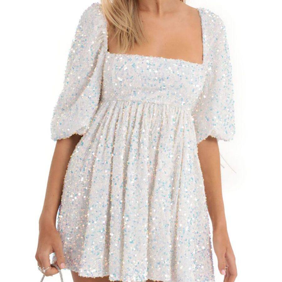 Plus Size Loose Sequin Mini Skirt Dress Short Sleeve Square Neck Solid Color Flared Hem Summer Casual Wear