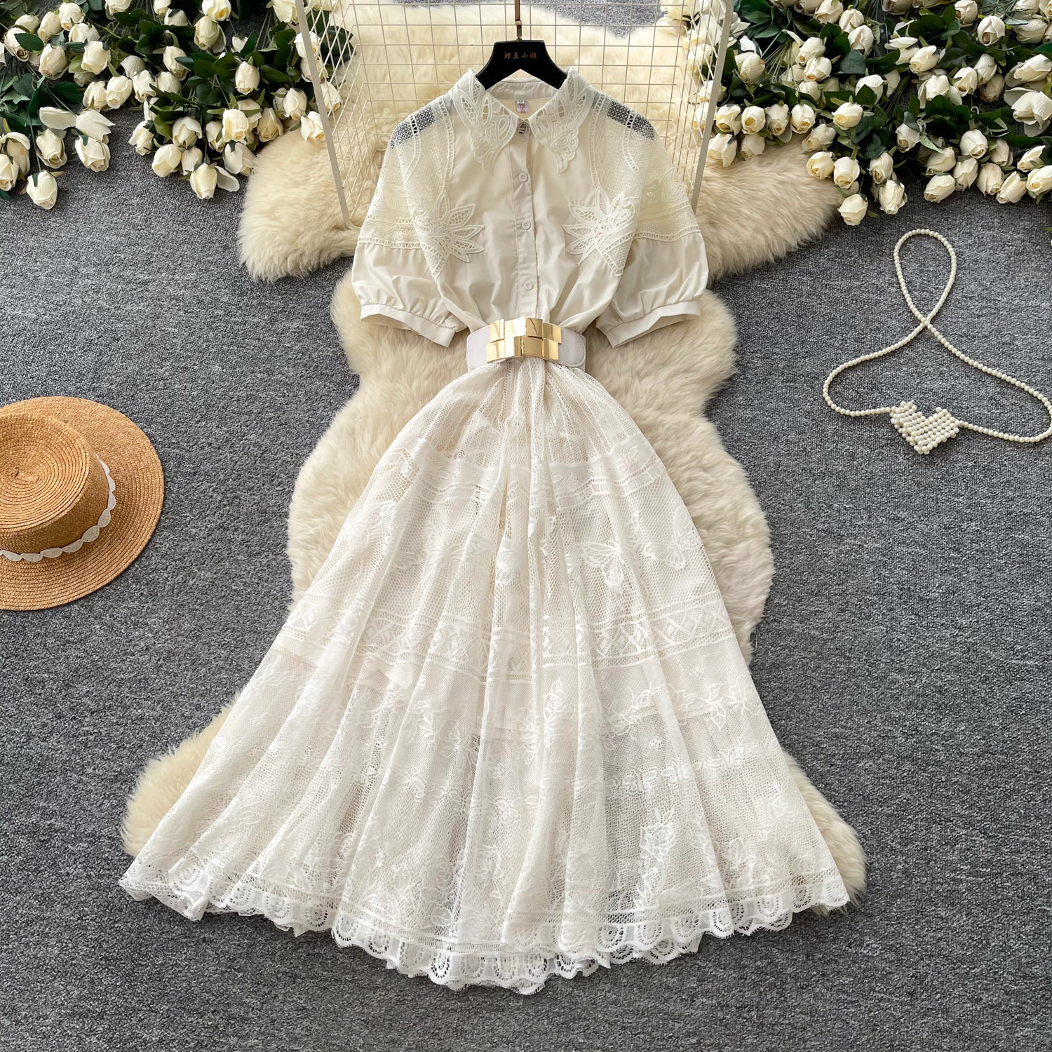 French Romantic Pink Hollow Lace Dress Summer A Line Silhouette Waist Defining Elegant Style Wholesale Availability