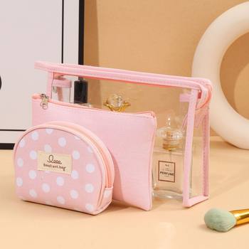 Cross-border New Japanese and Korean Style Dot Three-piece Set Transparent Cosmetic Bag Large Capacity Toiletry Bag Cosmetic Classified Storage Bag
