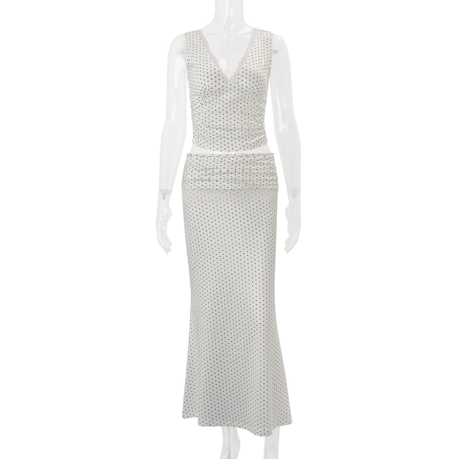 V Neck Sleeveless Polka Dot Top and Long Skirt Set Slim Fit Vacation Style Summer Wholesale Available