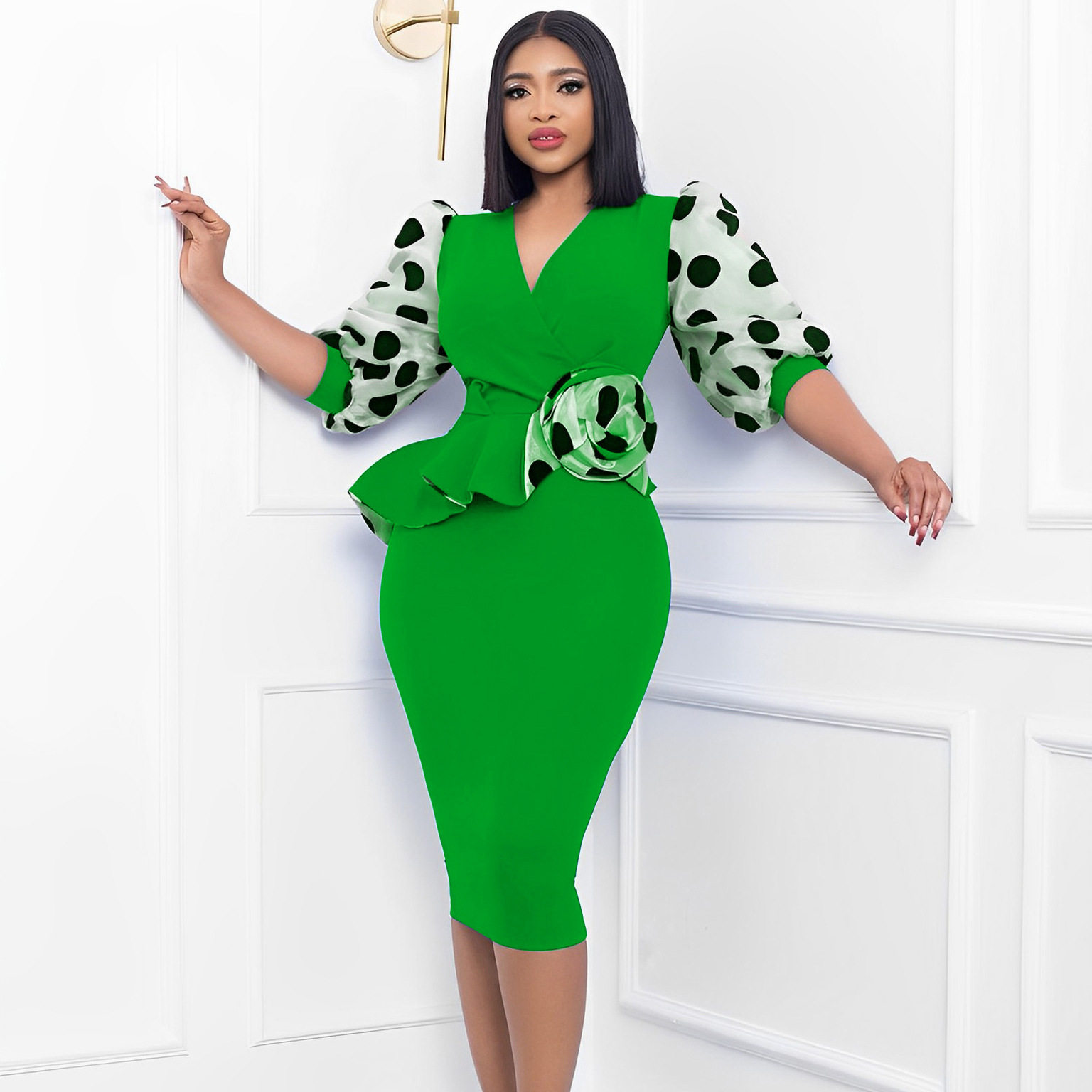 Womens Pencil Dress Spring Summer Collection Mesh Puff Sleeve Color Block Design Elegant Style Wholesale Available