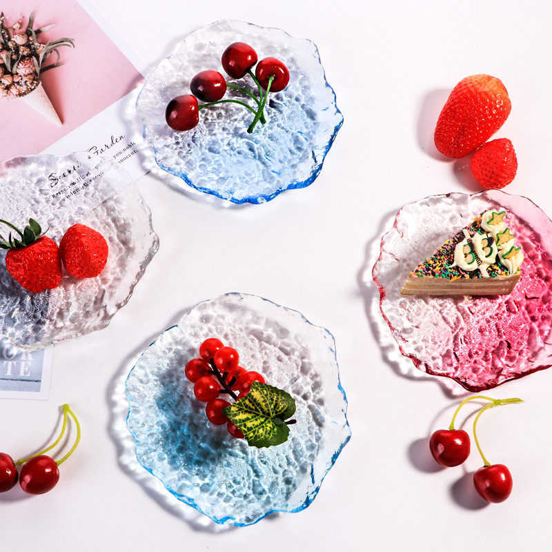 Pink Ice Dew Glass Plate Transparent Creative Snack Fruit Plate Breakfast Salad Plate Dessert Plate Simple Style