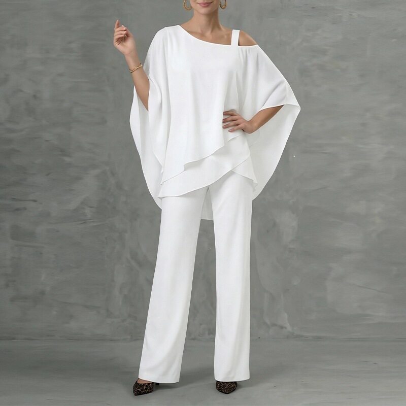 Womens Summer Outfit Set Stylish Solid Color Asymmetrical Neckline Batwing Sleeve Straight Pants Casual Wear
