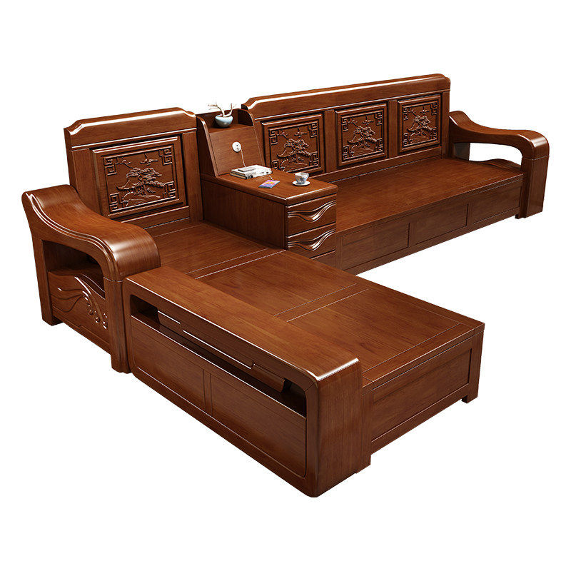 实木沙发客厅现代中式雕花冬夏两用转角木质大小户型家具LU型沙发