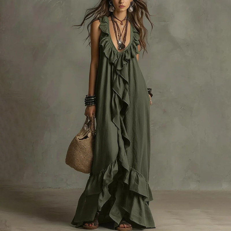 Summer A Line Dress Fashionable Elegant Loose Fit Lace Trim Perfect for Casual Outings or Beach Wear Wholesale
