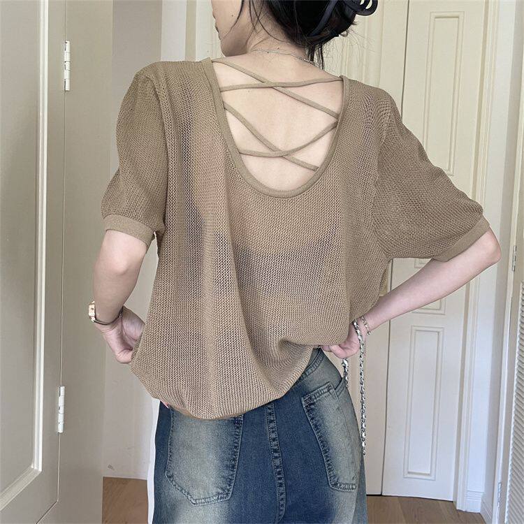 Womens Summer Casual T Shirt Cross Back Design Loose Fit Round Neck Knit Top Available in Black and Khaki Wholesale