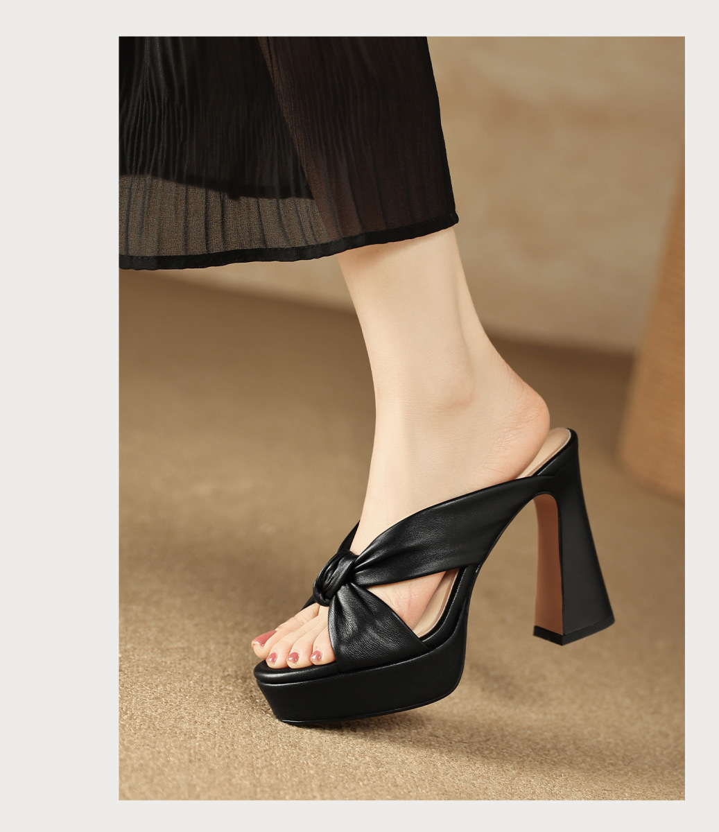 Sandal nữ quai ngang gót thô đế xuồng, mũi tròn da cừu, đi ngoài trời — Đen 10cm, Đen 8cm, Màu hồng 10cm, Màu hồng 8cm