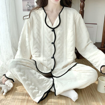 2025 Winter Long Sleeve Layered Cotton Maternity Pajamas for Women, Warm Sleepwear, Air Cotton Postpartum Nursing Clothes