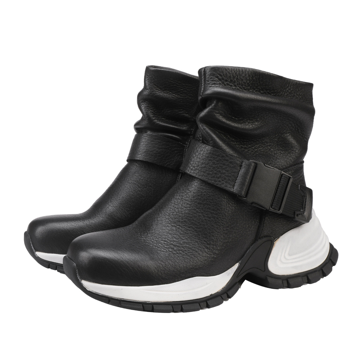Boot nữ cổ thấp da bò thật phong cách thể thao, gót vuông khóa kéo bên — đen, nâu