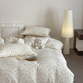 Cute Cartoon Cotton Double-Layer Yarn Four-Piece Set Wrinkled Yarn Lace Pure Cotton Three-Piece Quilt Cover Bed Sheetss Bedding