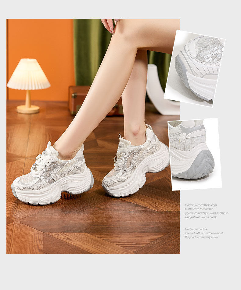Giày sneaker nữ đế dày chunky phong cách thể thao, gót 8 cm — Trắng, Bạc chi tiết 3