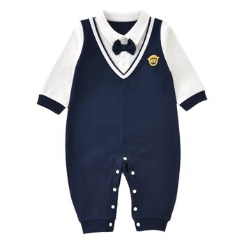 Baby Romper Autumn and Winter Pure Cotton Long-Sleeve Faux Two-Piece Bow Tie Jumpsuit Gentleman Style Academy Style Onesie
