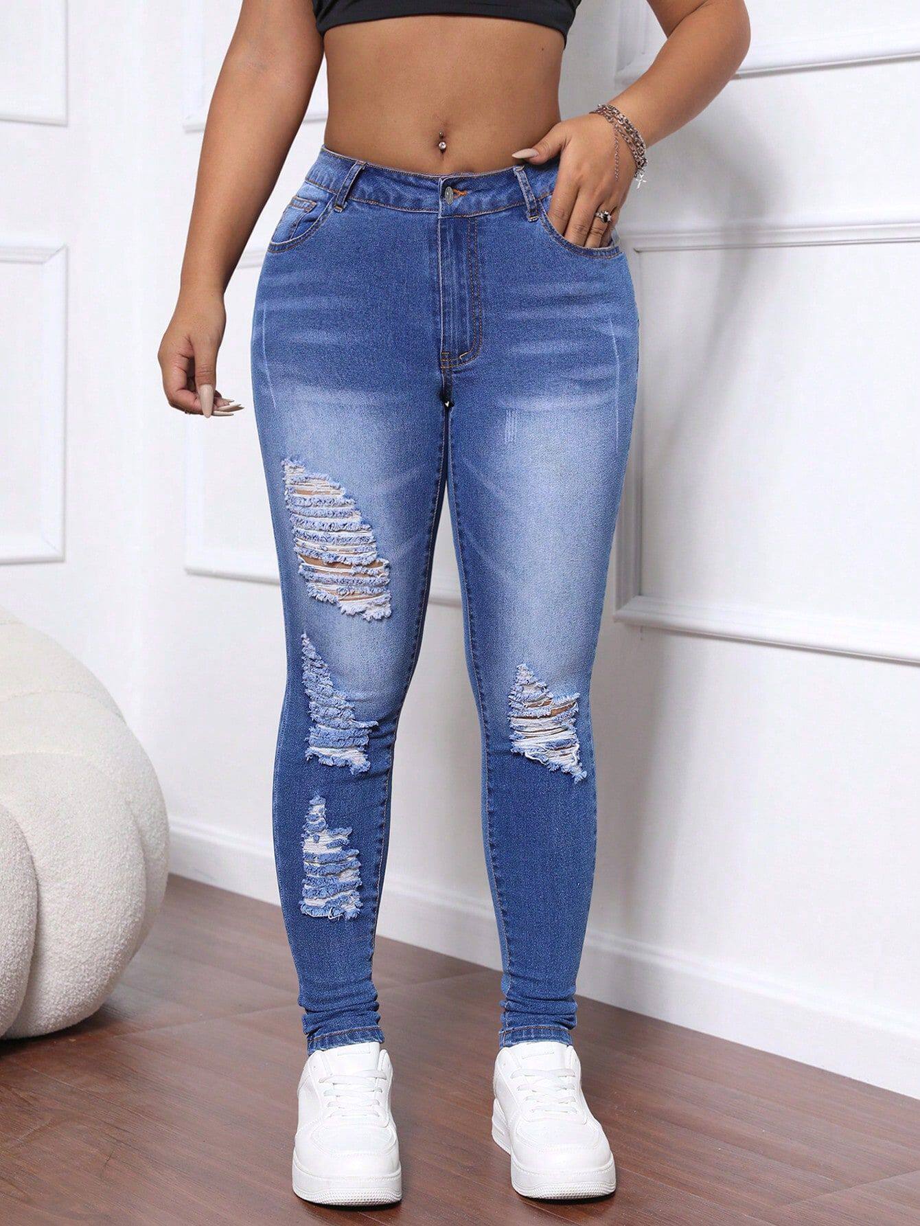 Skinny Jeans High Elasticity Distressed Design Versatile Fit Womens Casual Wear Wholesale Available