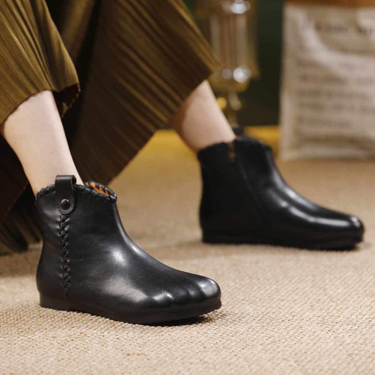 Boot nữ da bò thật cổ thấp gót bằng khoá kéo bên hông — màu đen, màu nâu