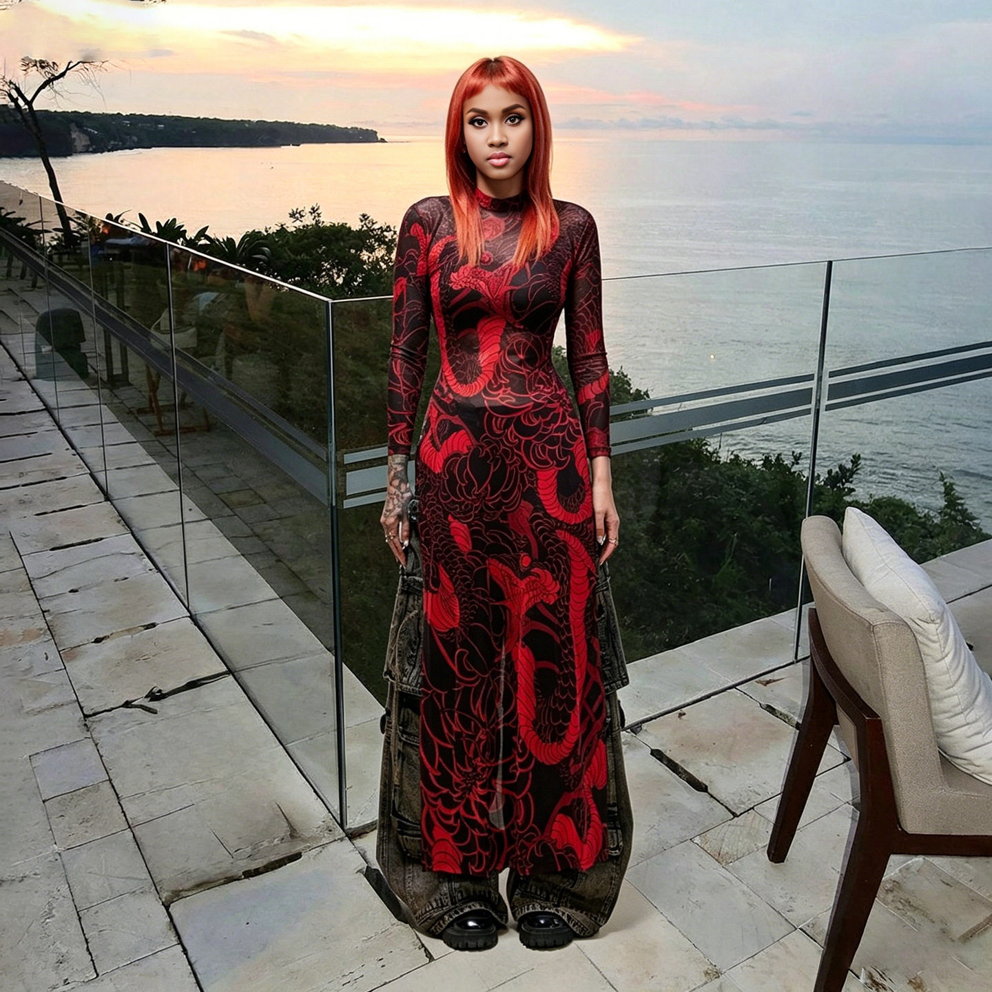 Womens Long Sleeve High Neck Top Fashionable Snake Print High Slit Design Spring Collection Wholesale Available