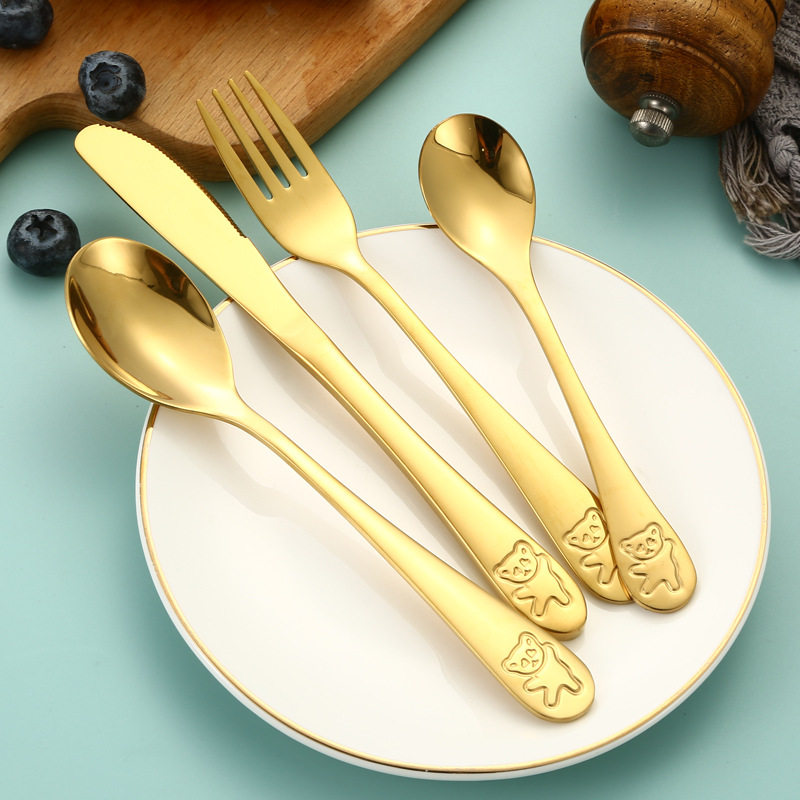 Bear four-piece 304 stainless steel tableware suit cartoon children's spoon Fork knife dessert spoon student Golden Western food