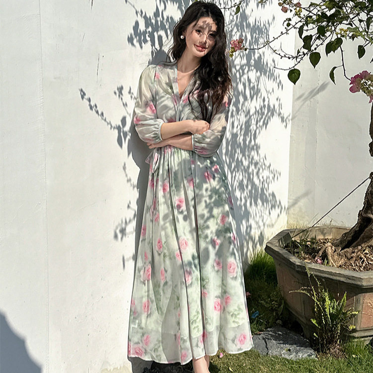 High Quality Summer Vacation Dress Floral Chiffon Sexy V Neck Cross Tie Design Perfect for Beach or Party Wholesale