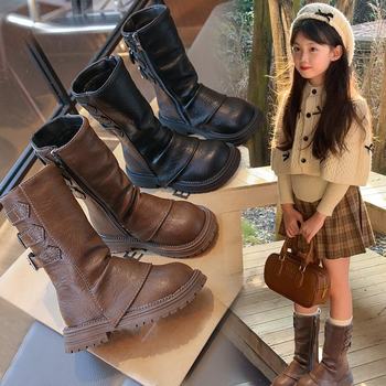 Girls' Boots 2025 Autumn and Winter New Kidsren's Cotton Boots Medium and Large Kidsren's British Style Boots Girls' Soft-Soled Leather Boots